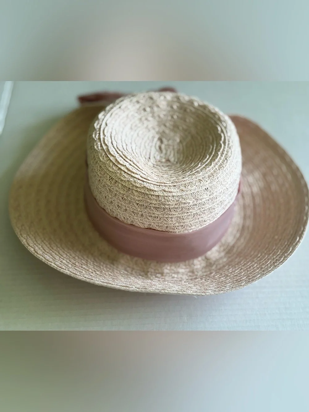 Nine West Light Pink Straw Sun Hat with Taupe Band One Size
